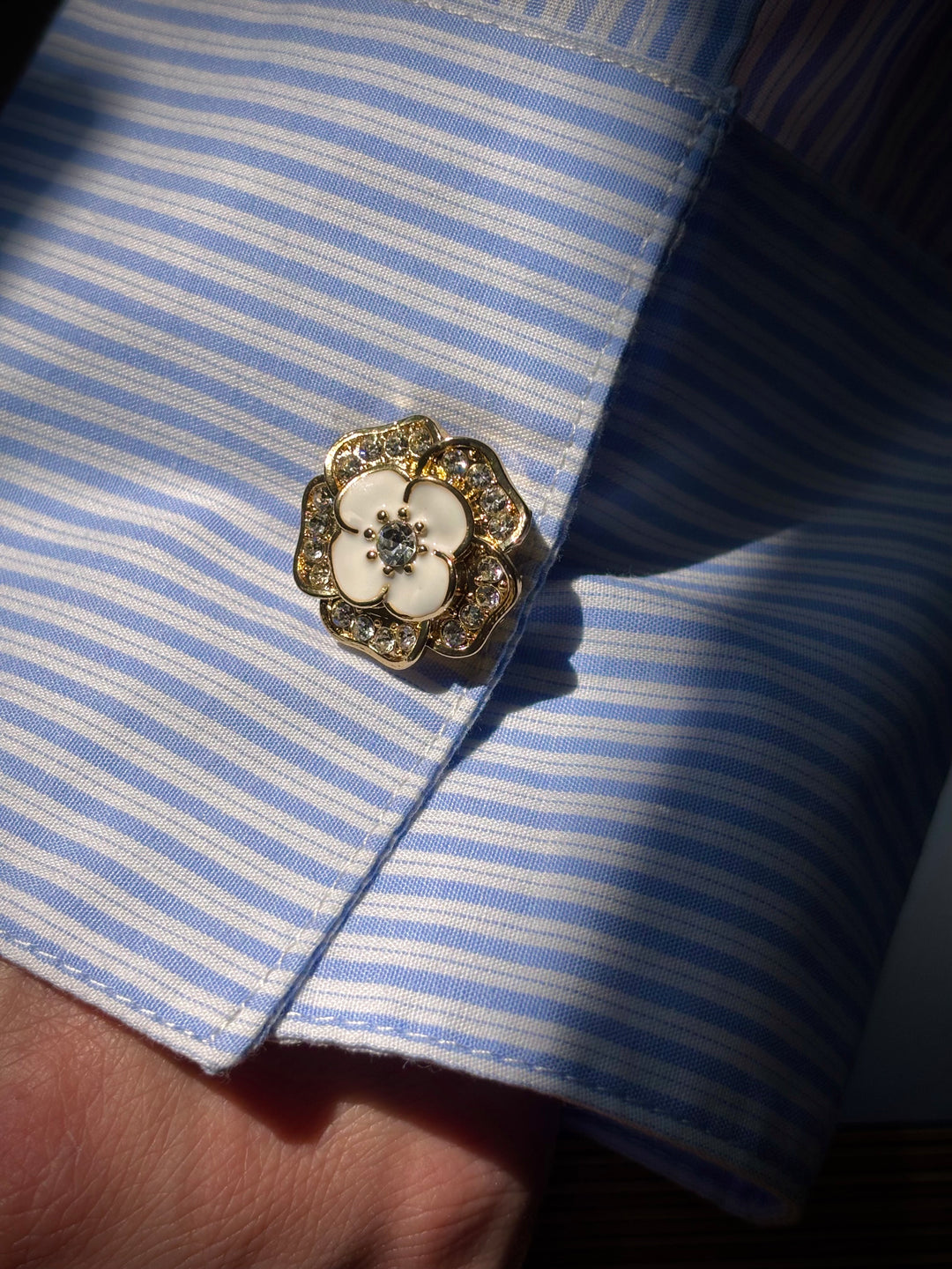 Bijou de bouton Fleur et Strass blanc - zoom sur manchette 